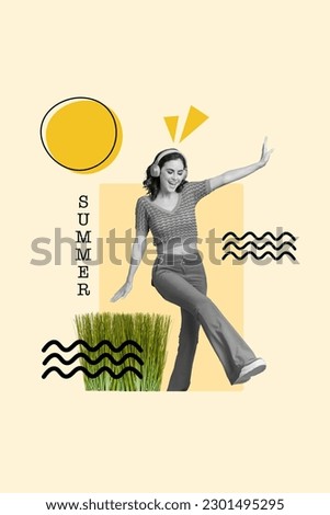 Artwork creative collage photo of youngster girl feel summer vibe sunny weather listen earphones walk park isolated on beige background