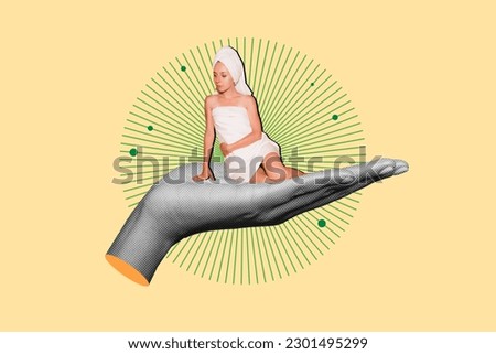 Collage of relaxation pretty woman sitting hold hand wrapped soft towel feel freshness after hotel shower isolated on yellow background