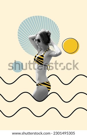 Drawing magazine collage template of charming lady traveler want swim in water pool have summertime holidays