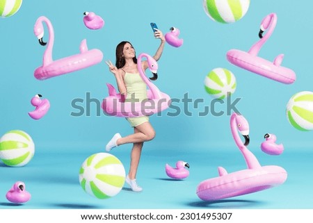Poster pop banner collage of lady traveler have online streaming on mobile phone greetings from exotic resort swimming buoy Royalty-Free Stock Photo #2301495307