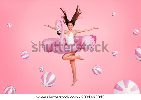 Web poster banner collage of young lady promoter levitating showing pink copyspace offer resort hotel adverts for summer relax