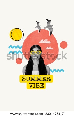 Photo creative collage of funny excited girl wear hypnosis sunglass resort summer vibe tongue out relaxation isolated on drawn background