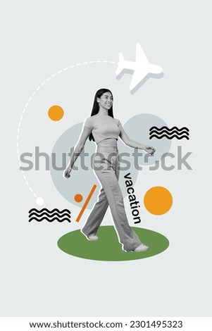 Vertical template collage of young girl steps enjoy traveling around world vacation passenger terminal isolated on grey background