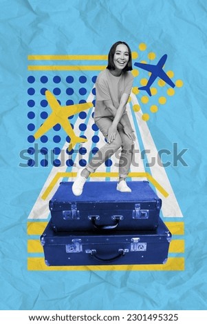 Vertical creative sketch photo of happy satisfied woman dancing on suitcases planning vacation journey isolated painted background