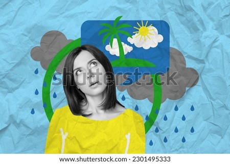 Creative concept photo sketch collage of tired upset exhausted woman dreaming about rest resort vacation isolated painted background