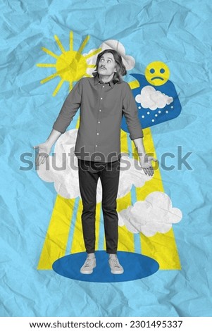 Photo collage artwork minimal picture of doubtful unsure guy feeling sad bad weather isolated creative background