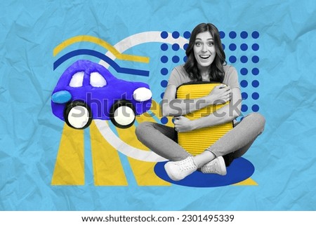 Graphical collage traveler female hug her baggage summer holiday car trip journey drawing photo blue colorful background
