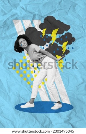 Vertical creative abstract illustration photo of unhappy stressed woman pull bad rainy weather isolated blue color paper background