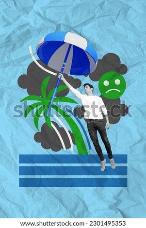 Vertical creative abstract illustration photo of sad upset young man hold umbrella flying bad weather isolated on blue color background