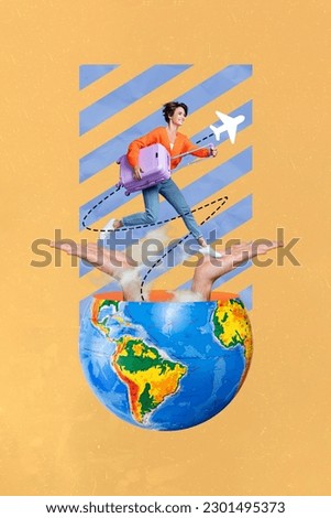 Artwork magazine collage picture of smiling excited lady hurrying summer vacation flight isolated beige color background