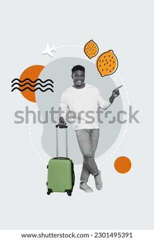 Magazine drawing picture template collage of traveler guy pointing tropics resort directing departure on plane low cost fly Royalty-Free Stock Photo #2301495391