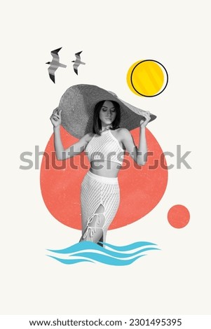 Drawing poster banner collage of lady traveler in sunhat enjoy luxury resort rest on paradise island bay stand in water