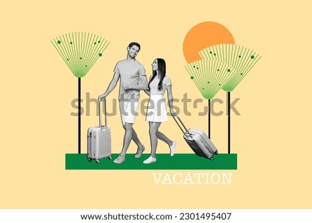 Couple lovers walking hands together love suitbags tourism concept collage leaving airport terminal isolated on yellow color background