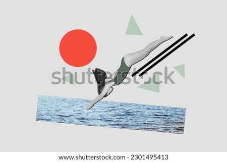 Banner creative advertisement black sea ukrainian crimea resort promo collage of young girl wear swimsuit dive isolated on white background Royalty-Free Stock Photo #2301495413