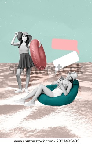 Photo banner 3d collage of tourist girls mask wear sun hat chilling summertime pandemic outbreak hold float isolated on drawing background