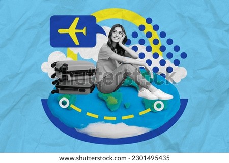 Graphical collage young traveler female sit near baggage summer holiday wait registration flight drawing photo blue background