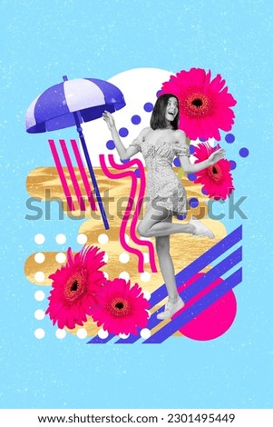 Vertical creative abstract sketch 3d photo of ecstatic nice adorable girl relaxing on beach resort isolated teal painted background