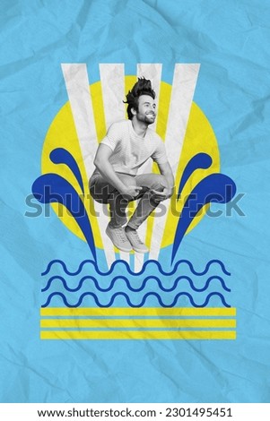 Exclusive magazine picture sketch collage image of smiling funky guy diving pool isolated creative background Royalty-Free Stock Photo #2301495451