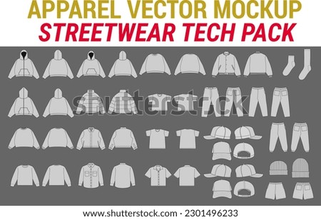 Streetwear Vector Mockup Pack Vector Apparel Mockup Collection Fashion Illustrator Vector Tech Pack - Men's t-shirt trucker hoodie joggers jacket short sweater pant design template Royalty-Free Stock Photo #2301496233