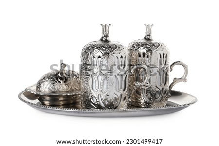Beautiful vintage tea set on white background