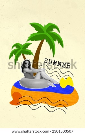 Vertical collage picture of funky black white colors girl sit float inflatable ring ocean water sand beach palm tree enjoy summer