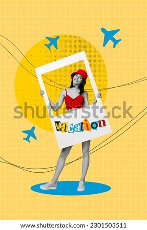 Vertical collage picture of black white effect positive girl hold paper album card vacation painted planes isolated on yellow background
