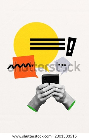 Vertical collage image of black white gamma arms hold use smart phone typing message dialogue bubble exclamation mark isolated on white background Royalty-Free Stock Photo #2301503515