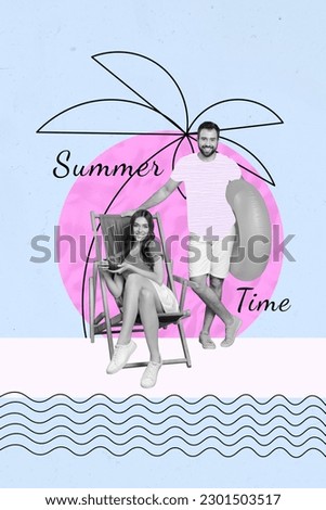 Vertical collage picture of two black white gamma positive partners sit lounger hold coconut inflatable circle painted palm summer time