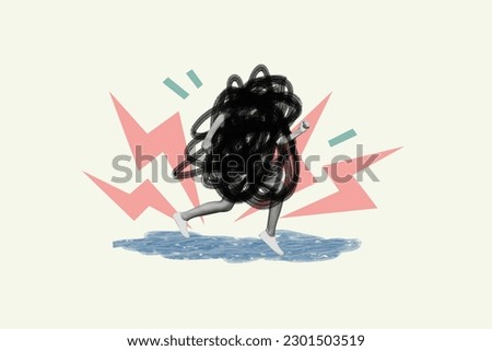 Collage picture of black white colors girl legs painted mess instead body running away problems thunderstorm lightning isolated on creative background
