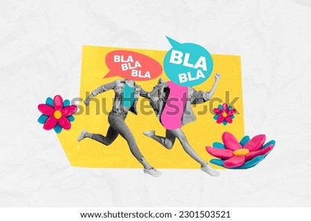Photo collage of two headless girls running painted absurd speech chatterbox rumors wanderlust summertime isolated on yellow background