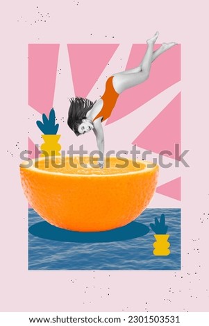 Vertical collage image of funky excited black white gamma mini girl diving jumping huge orange fruit water isolated on creative background