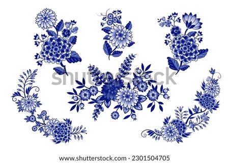 
Set of isolated blue and  white Chinese style bouquets(various flowers, leaves, twigs, curls, berries). Vector clipart. Isolated design objects.