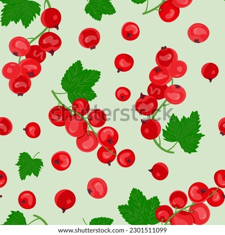 Seamless pattern of red currant and green leaves. Ripe berries. Fruit picking. Vector illustration in the flat style for the design of menus, recipes and food packages. Royalty-Free Stock Photo #2301511099