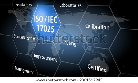 ISO 17025 background with world map for testing and calibration laboratories  management concept. certified for report and test result trusted.  Royalty-Free Stock Photo #2301517943
