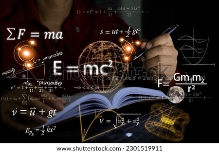 Physics equations floating in the background, hands writing in notebooks on work tables, representing the learning teaching or scientific notes of Albert Einstein and Sir Isaac Newton or physics all Royalty-Free Stock Photo #2301519911