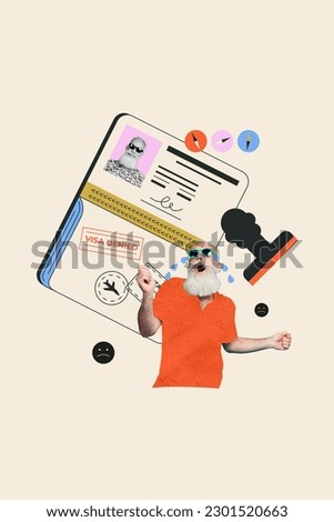 Vertical photo collage of cry stressed old man unhappy wear sunglass his visa document denied no trips allowed isolated on beige background
