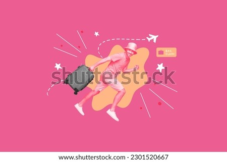 Artwork collage picture of excited positive guy hold suitcase run rush bag claim plane departure isolated on pink background