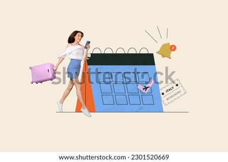Creative collage image of mini excited girl hold suitcase use smart phone big calendar reminder flight italy isolated on white background
