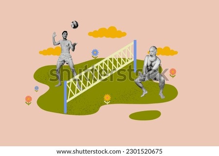 Creative collage image of two black white colors people play beach volleyball dancing painted flowers clouds isolated on beige background