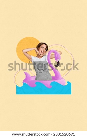 Creative collage photo advertisement swimming pool resort waves girl wear inflatable lifebuoy ring flamingo isolated on yellow background