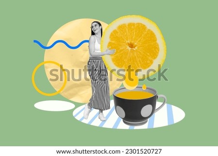 Magazine advert collage of lady traveler have rest drink with friends squeeze lemon in her tea lemonade