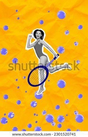 Vertical artwork collage image of excited black white colors girl jump hold tennis racquet painted water bubbles isolated on yellow paper background Royalty-Free Stock Photo #2301520741