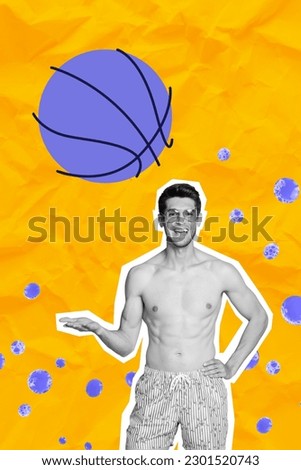 Vertical 3d painting collage funny dude sportsman throw up basketball ball violet bubbles ocean sea pool yellow background