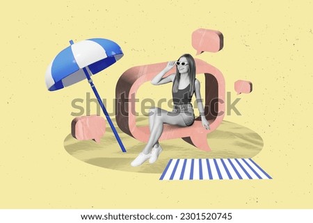 Magazine image collage template of lady traveler happy sunshine tropical exotic island beach relax inform chat social media