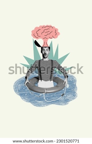 Vertical collage image of black white gamma impressed guy hold safety swimming ring brain explosion head isolated on creative background