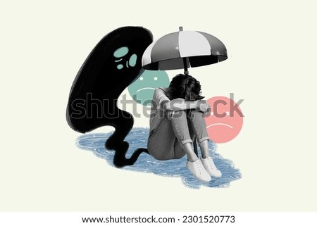 Collage picture of unsatisfied black white gamma girl drawing monster sad emoji isolated on white background