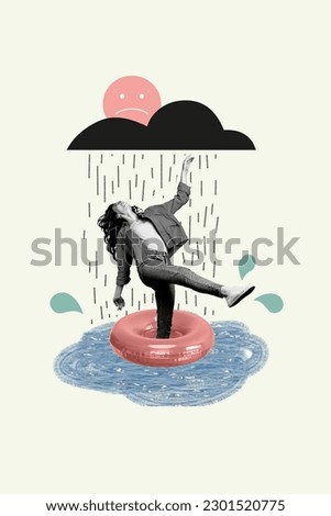Vertical artwork collage of black white effect positive girl dancing inflatable ring puddle under rain cloud drawing sad emoji