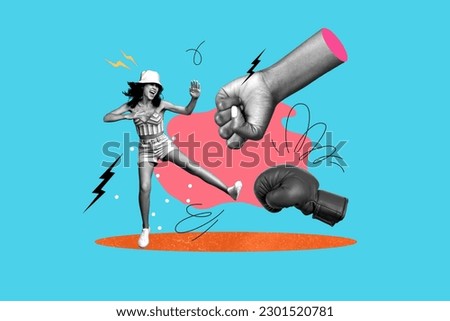 Artwork collage picture of mini black white gamma girl fight big arm fist boxing glove isolated on painted blue background