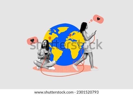 Collage picture of two black white colors girls use smart phone connection like notification texting big planet earth globe geolocation mark