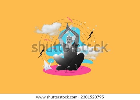 Artwork collage picture of black white gamma grandfather meditate pray clouds paper swan isolated on yellow background